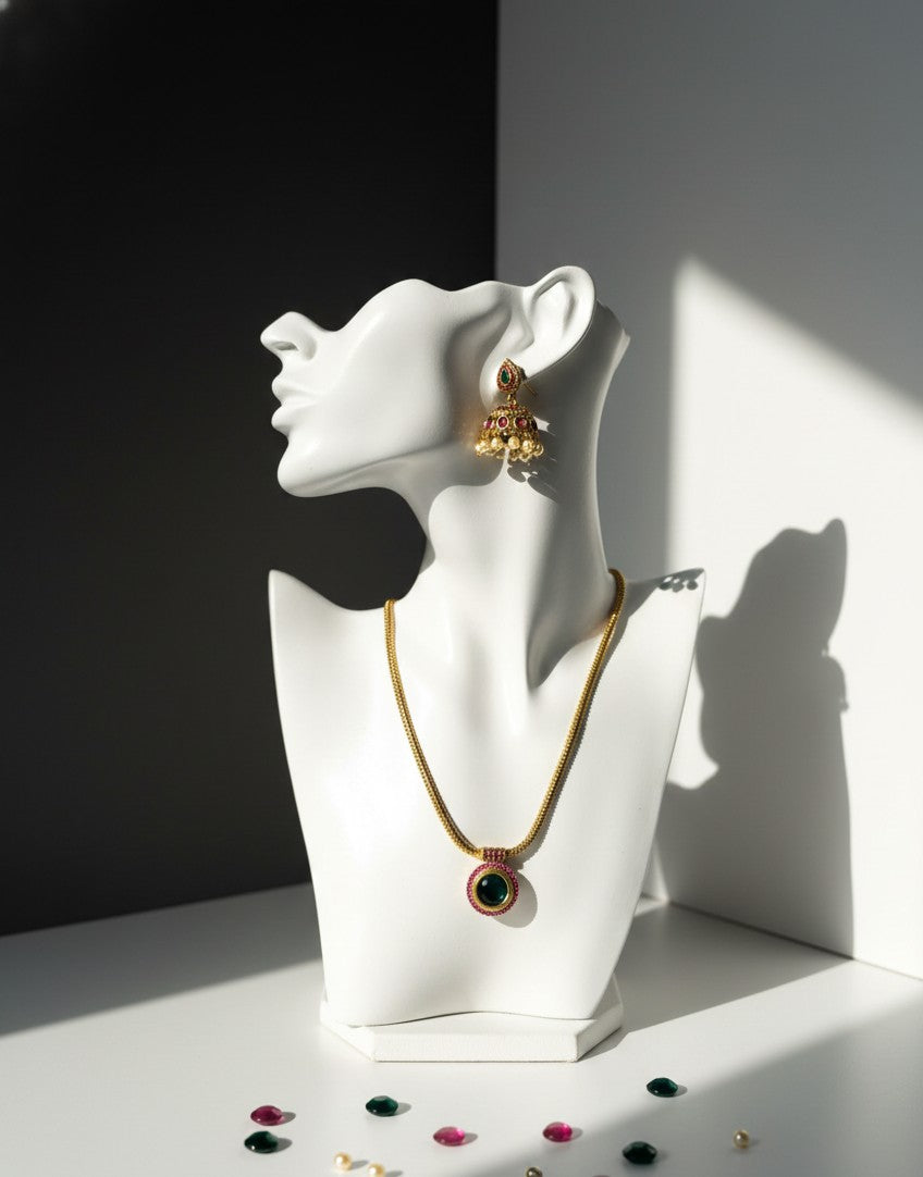 Green Kemp Stone Necklace Set With Jhumka Earrings