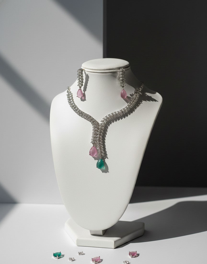 Pink & Green Teardrop Necklace Set With Earrings