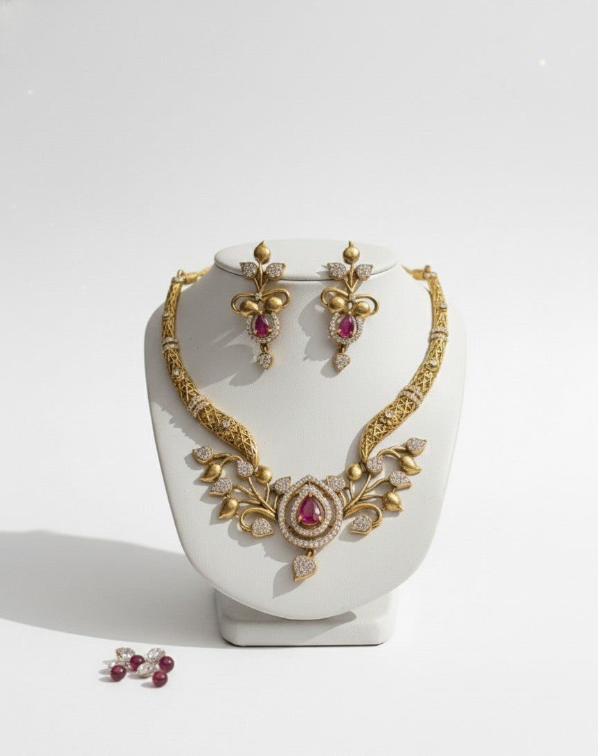 Pink Zirconia Necklace Set With Earrings