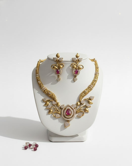 Pink Zirconia Necklace Set With Earrings