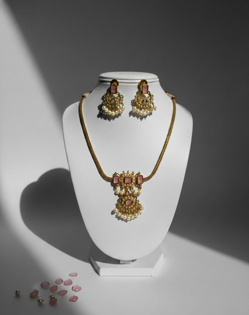 Pink Bar Stone Necklace Set With Earrings