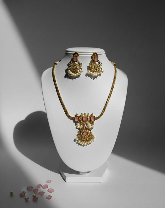 Pink Bar Stone Necklace Set With Earrings