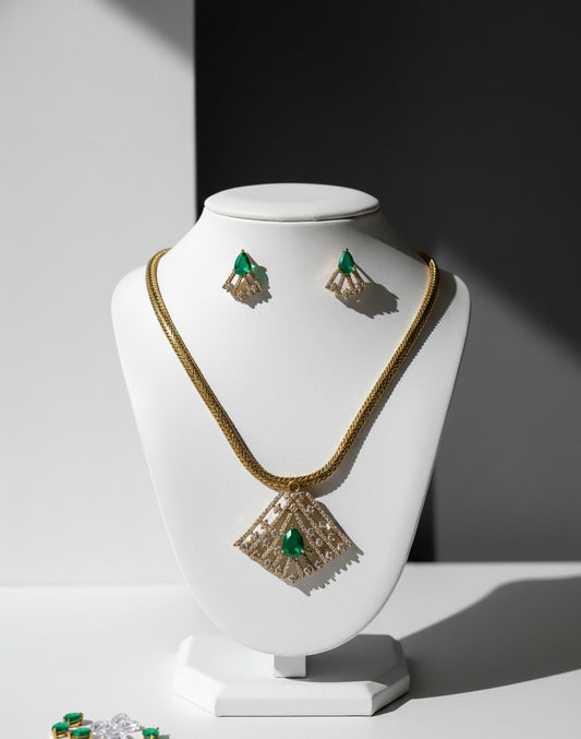 Green Triangle AD Necklace Set With Earrings
