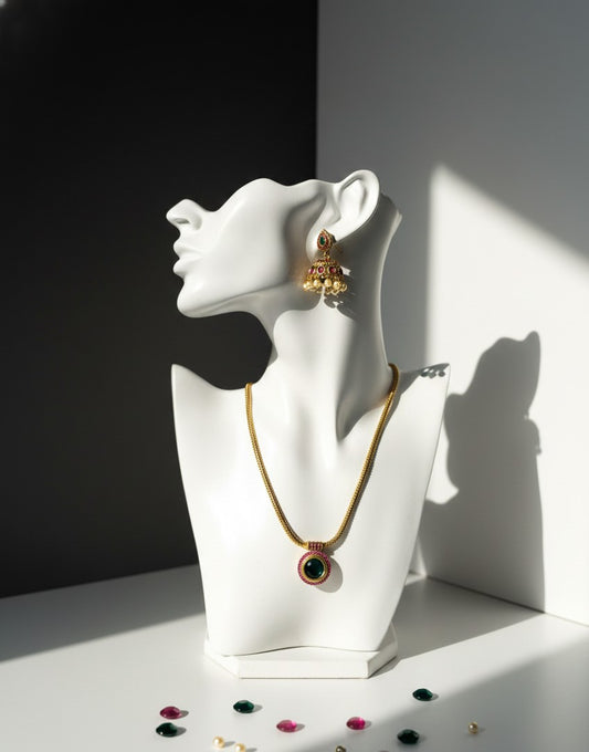Green Kemp Stone Necklace Set With Jhumka Earrings